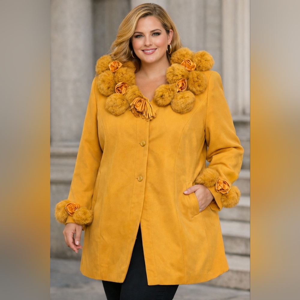 Studio C Collection Coat Women’s 24W Mustard Faux Fur Pom Statement Blazer
